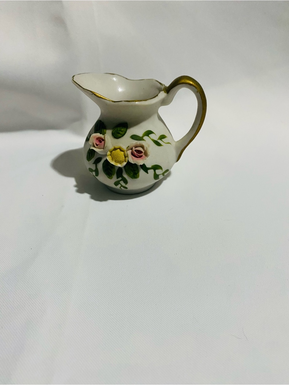 VNTG Mini White Floral Porcelain Creamer with Gold Trim